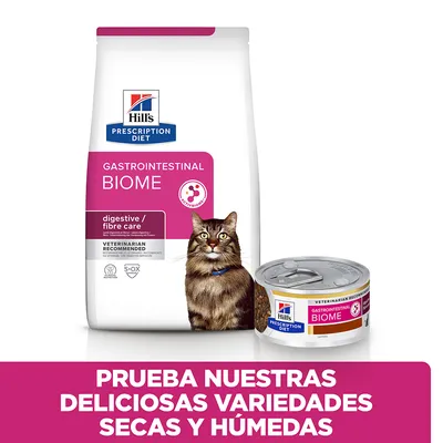 Hill's Prescription Diet Gastrointestinal Biome para gatos, pienso y lata húmeda. Texto: Prueba nuestras deliciosas variedades secas y húmedas.