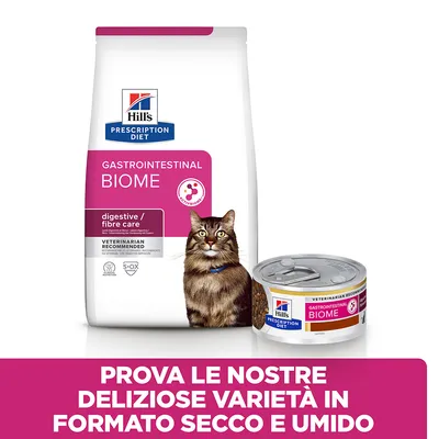 Hill's Prescription Diet Gastrointestinal Biome per gatti, confezione secca e umida. Testo: Prova le nostre deliziose varietà in formato secco e umido.