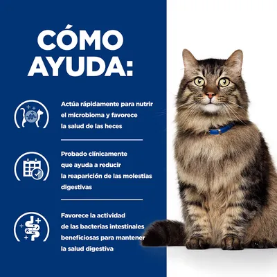 Texto: Cómo ayuda. Actúa rápidamente para nutrir el microbioma y favorece la salud de las heces. Probado clínicamente que ayuda a reducir la reaparición de molestias digestivas. Favorece la actividad de las bacterias intestinales beneficiosas para mantener la salud digestiva. Imagen de un gato atigrado con collar azul.
