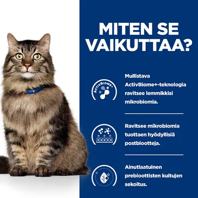 MITEN SE VAIKUTTAA? Mullistava ActivBiome+-teknologia ravitsee lemmikkisi mikrobiomia. Ravitsee mikrobiomia tuottaen hyödyllisiä postbiootteja. Ainutlaatuinen prebioottisten kuitujen sekoitus.