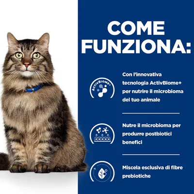 COME FUNZIONA: Con l'innovativa tecnologia ActivBiome+ per nutrire il microbioma del tuo animale. Nutre il microbioma per produrre postbiotici benefici. Miscela esclusiva di fibre prebiotiche.