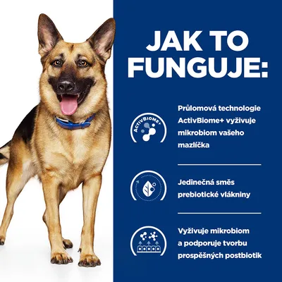 Text: Jak to funguje. Průlomová technologie ActivBiome+ vyživuje mikrobiom vašeho mazlíčka. Jedinečná směs prebiotické vlákniny. Vyživuje mikrobiom a podporuje tvorbu prospěšných postbiotik.