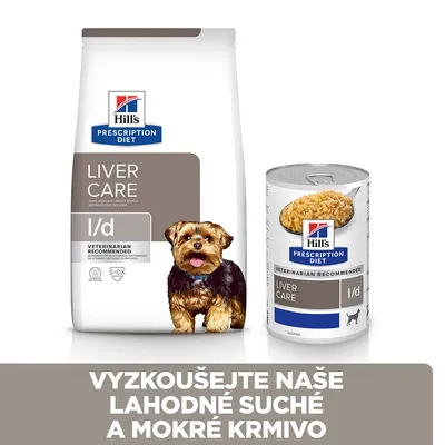 Hill's Prescription Diet Liver Care l/d suché a mokré krmivo, balení s obrázkem psa. Text: VYZKOUŠEJTE NAŠE LAHODNÉ SUCHÉ A MOKRÉ KRMIVO.