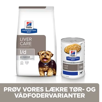 Hill's Prescription Diet Liver Care l/d tørfoder og vådfoder til hund, tekst: PRØV VORES LÆKRE TØR- OG VÅDFODERVARIANTER. Billede af lille hund foran produkterne.