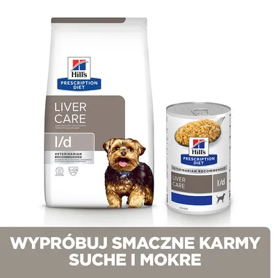 Hill's Prescription Diet Liver Care l/d karma sucha i mokra dla psów. Widoczne opakowanie suchej karmy, puszka oraz pies. Napis: Wypróbuj smaczne karmy suche i mokre.