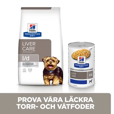 Hill's Prescription Diet Liver Care l/d torrfoderpåse och våtfoderrburk med hundbild. Text: PROVA VÅRA LÄCKRA TORR- OCH VÅTFODER.