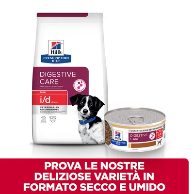 Hill's Prescription Diet Digestive Care MINI i/d stress per cani, confezione secca e umida. Testo: Prova le nostre deliziose varietà in formato secco e umido.