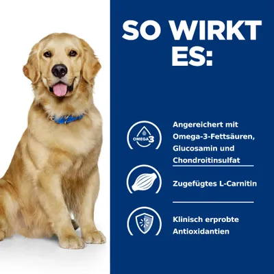 So wirkt es: Angereichert mit Omega-3-Fettsäuren, Glucosamin und Chondroitinsulfat. Zugefügtes L-Carnitin. Klinisch erprobte Antioxidantien.