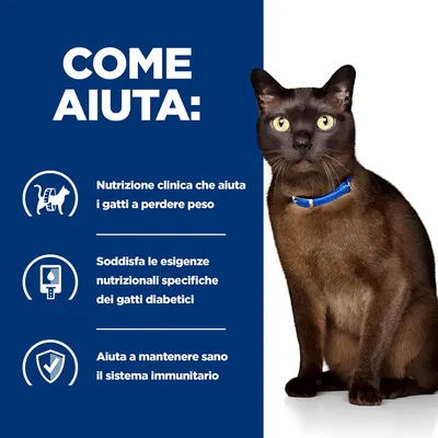 COME AIUTA: Nutrizione clinica che aiuta i gatti a perdere peso. Soddisfa le esigenze nutrizionali specifiche dei gatti diabetici. Aiuta a mantenere sano il sistema immunitario.
