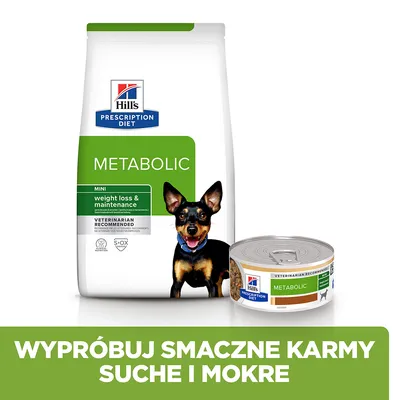 Hill's Prescription Diet Metabolic MINI weight loss & maintenance, VETERINARIAN RECOMMENDED. Opakowanie suchej karmy i puszka mokrej karmy dla psa. Napis: Wypróbuj smaczne karmy suche i mokre.