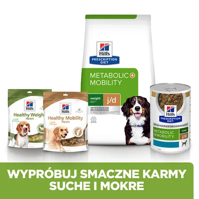 Hill's Prescription Diet Metabolic + Mobility, Healthy Weight Treats, Healthy Mobility Treats oraz puszka Metabolic + Mobility. Napis: Wypróbuj smaczne karmy suche i mokre.