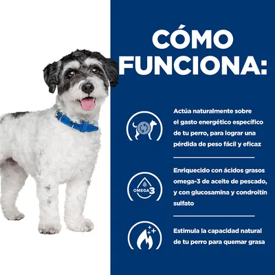 Texto: Cómo funciona. Actúa sobre el gasto energético del perro para pérdida de peso, enriquecido con omega-3, glucosamina y condroitín sulfato, estimula quema de grasa.