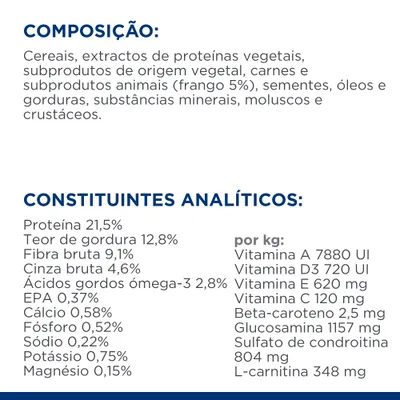 Composição: cereais, proteínas vegetais, subprodutos vegetais, carnes e subprodutos animais (frango 5%), sementes, óleos, gorduras, minerais, moluscos, crustáceos. Constituintes analíticos: proteína 21,5 %, gordura 12,8 %, fibra 9,1 %, cinza 4,6 %, omega-3 2,8 %, EPA 0,37 %, cálcio 0,58 %, fósforo 0,52 %, sódio 0,22 %, potássio 0,75 %, magnésio 0,15 %. Por kg: vitamina A 7880 UI, D3 720 UI, E 620 mg, C 120 mg, beta-caroteno 2,5 mg, glucosamina 1157 mg, sulfato de condroitina 804 mg, L-carnitina 348 mg.