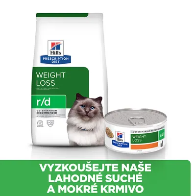 Hill's Prescription Diet Weight Loss r/d suché a mokré krmivo pro kočky, nápis: Vyzkoušejte naše lahodné suché a mokré krmivo