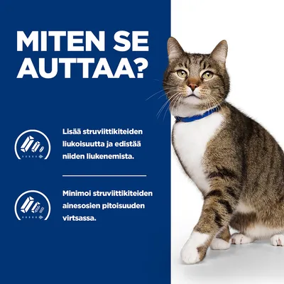 MITEN SE AUTTAA? Lisää struviittikiteiden liukoisuutta ja edistää niiden liukenemista. Minimoi struviittikiteiden ainesosien pitoisuuden virtsassa.