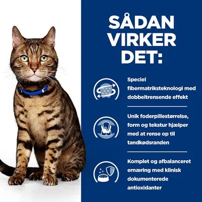 SÅDAN VIRKER DET: Speciel fibermatrixteknologi med dobbelt rensende effekt. Unik foderpille størrelse, form og tekstur hjælper med at rense op til tandkødsranden. Komplet og afbalanceret ernæring med klinisk dokumenterede antioxidanter.