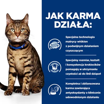 JAK KARMA DZIAŁA: Specjalna technologia matrycy włókien z podwójnym działaniem czyszczącym. Specjalny rozmiar, kształt i konsystencja krokiecików pomagają w utrzymaniu czystości aż do linii dziąseł. Kompletna i zbilansowana karma zawierająca antyoksydanty o klinicznie udowodnionym działaniu.