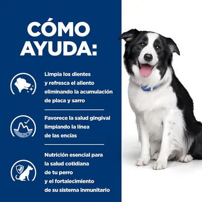CÓMO AYUDA: Limpia los dientes y refresca el aliento eliminando placa y sarro. Favorece la salud gingival limpiando encías. Nutrición esencial para la salud y sistema inmunitario del perro.