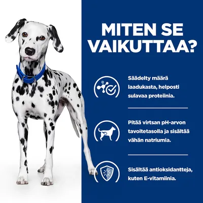 Miten se vaikuttaa? Säädelty määrä laadukasta, helposti sulavaa proteiinia. Pitää virtsan pH-arvon tavoitetasolla ja sisältää vähän natriumia. Sisältää antioksidantteja, kuten E-vitamiinia.