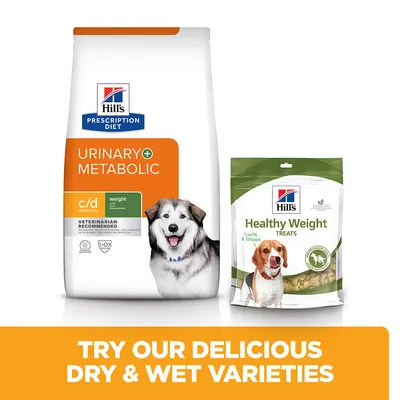 Hill's Prescription Diet Urinary + Metabolic c/d multicare και Hill's Healthy Weight Treats για σκύλους. Ορατές συσκευασίες με εικόνες σκύλων και αγγλικό κείμενο προϊόντων.