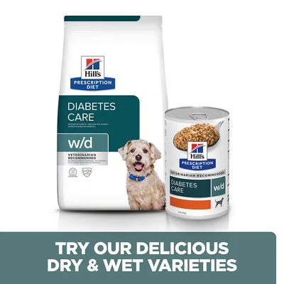 Hill's Prescription Diet Diabetes Care w/d dry and wet food packaging shown with text: Try our delicious dry & wet varieties. Veterinarian recommended.