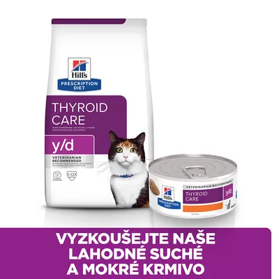 Hill's Prescription Diet Thyroid Care y/d suché a mokré krmivo pro kočky, nápis: Vyzkoušejte naše lahodné suché a mokré krmivo.