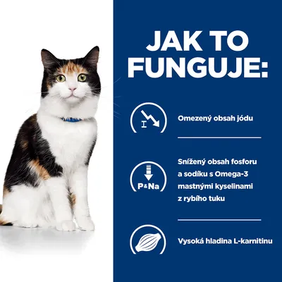 Jak to funguje: Omezený obsah jódu, snížený obsah fosforu a sodíku s Omega-3 mastnými kyselinami z rybího tuku, vysoká hladina L-karnitinu.