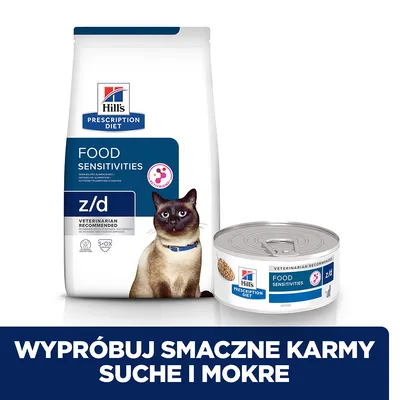Hill's Prescription Diet Food Sensitivities z/d dla kotów, opakowanie suchej karmy i puszka mokrej. Widoczny napis: Wypróbuj smaczne karmy suche i mokre.