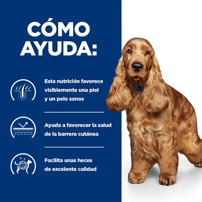 Texto: Cómo ayuda. Esta nutrición favorece visiblemente una piel y un pelo sanos. Ayuda a favorecer la salud de la barrera cutánea. Facilita unas heces de excelente calidad.