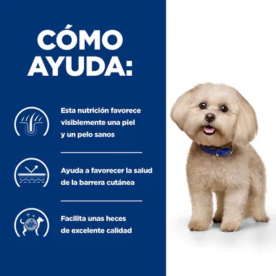 CÓMO AYUDA: Esta nutrición favorece visiblemente una piel y un pelo sanos. Ayuda a favorecer la salud de la barrera cutánea. Facilita unas heces de excelente calidad.