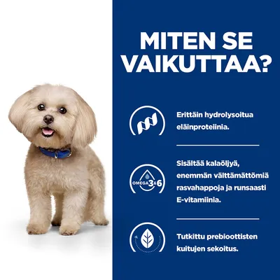 Infografiikka, jossa teksti: Erittäin hydrolysoitua eläinproteiinia. Sisältää kalaöljyä, enemmän välttämättömiä rasvahappoja, ja runsaasti E-vitamiinia. Tutkittu prebioottisten kuitujen sekoitus.