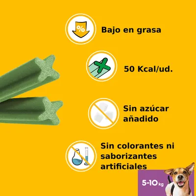 Texto em espanhol: Bajo en grasa, 50 Kcal/ud., Sin azúcar añadido, Sin colorantes ni saborizantes artificiales. Indicação de peso: 5–10 kg. Imagem de snack verde e cão.