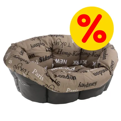 Cuscino per animali con scritte di città come Paris, London, New York, Tokyo e simbolo percentuale rosso su sfondo giallo che indica offerta o sconto.