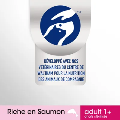 Développé avec nos vétérinaires du centre de Waltham pour la nutrition des animaux de compagnie. Riche en saumon. Adult 1+ chats stérilisés.