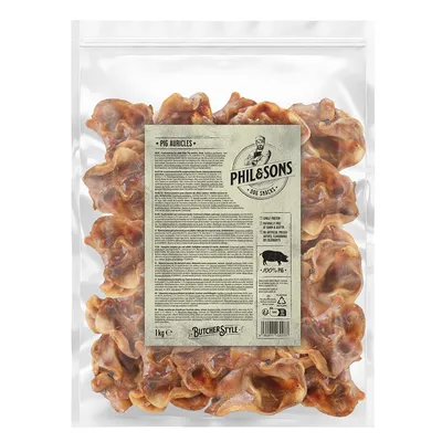 Phil & Sons Dog Snacks, grisknorrar, 1 kg. 100 % gris, enkelprotein, utan artificiella tillsatser eller kolhydrater. Butcher Style-förpackning.