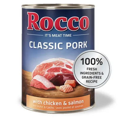 Rocco Classic Pork con pollo y salmón, lata de 400g. 100% ingredientes frescos, receta sin cereales.