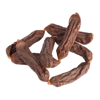 Several brown dog snacks in sausage shape, individually wrapped and air-dried.