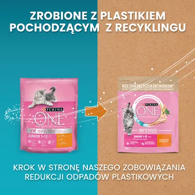 Purina ONE Bifensis Junior 1–12, opakowanie z plastiku pochodzącego z recyklingu. Krok w stronę redukcji odpadów plastikowych. Widoczne dwa różne opakowania produktu.