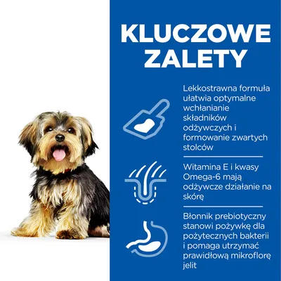 Kluczowe zalety: lekkostrawna formuła ułatwia wchłanianie składników i formowanie stolców, witamina E i Omega-6 wspierają skórę, błonnik prebiotyczny wspomaga mikroflorę jelit.