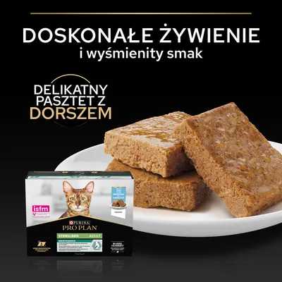 Purina Pro Plan Sterilised Adult, delikatny pasztet z dorszem. Doskonałe żywienie i wyśmienity smak. Opakowanie karmy dla kota oraz kawałki pasztetu na białym talerzu.