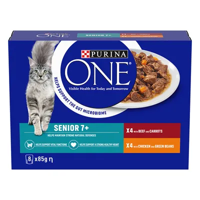 Purina ONE Senior 7+ cat food, 8 x 85g pouches. 4 with beef and carrots, 4 with chicken and green beans. Helps support the gut microbiome. Visible Health for Today and Tomorrow.