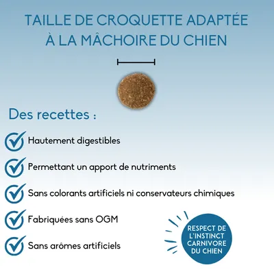 Taille de croquette adaptée à la mâchoire du chien. Recettes : hautement digestibles, apport de nutriments, sans colorants ni conservateurs chimiques, sans OGM, sans arômes artificiels.