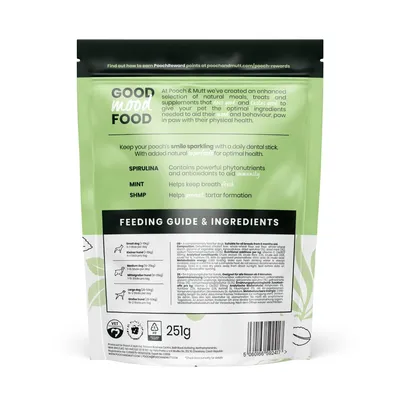 Product packaging showing feeding guide, ingredients including spirulina, mint and SHMP, and benefits such as aiding immunity, fresh breath, and tartar formation prevention. 251g.