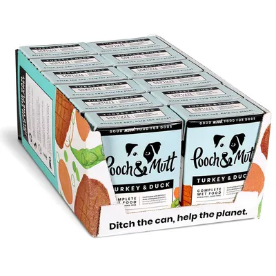 Multipack of Pooch & Mutt Turkey & Duck complete wet food cartons with visible text: 'Ditch the can, help the planet.' Grain-free and junk-free stated on packaging.