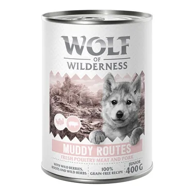 Wolf of Wilderness Junior wet food, Muddy Routes variety with fresh poultry and pork, 100% grain-free, with berries, roots and wild herbs, 400g can.