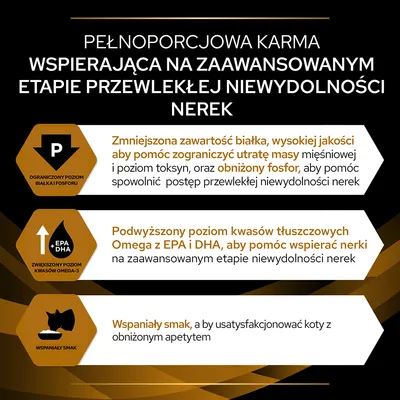 Pełnoporcjowa karma wspierająca na zaawansowanym etapie przewlekłej niewydolności nerek. Ograniczony poziom białka i fosforu, zwiększony poziom kwasów omega-3, wspaniały smak.
