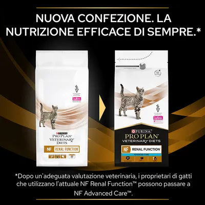 Confronto tra vecchia e nuova confezione di Purina Pro Plan Veterinary Diets NF Renal Function per gatti, con testo: 'Nuova confezione. La nutrizione efficace di sempre.'