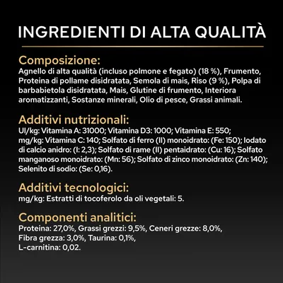 Componenti: agnello, grano, proteine di pollame, semola di mais, riso, polpa di barbabietola, mais, glutine di grano, frattaglie, minerali, olio di pesce, grassi animali. Vitamine, oligoelementi, valori analitici. Componenti: agnello, grano, proteine di pollame, semola di mais, riso, polpa di barbabietola, mais, glutine di grano, frattaglie, minerali, olio di pesce, grassi animali. Vitamine, oligoelementi, valori analitici.