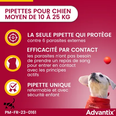 Pipettes pour chien moyen de 10 à 25 kg. Protège contre 6 parasites externes, efficacité par contact, pipette refermable avec sécurité enfant. Marque Advantix.