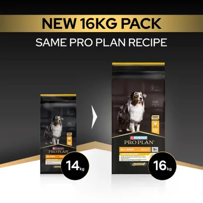 Purina Pro Plan All Sizes Adult most új, 16 kg-os csomagolásban, korábban 14 kg. Ugyanaz a recept, új, nagyobb kiszerelés.